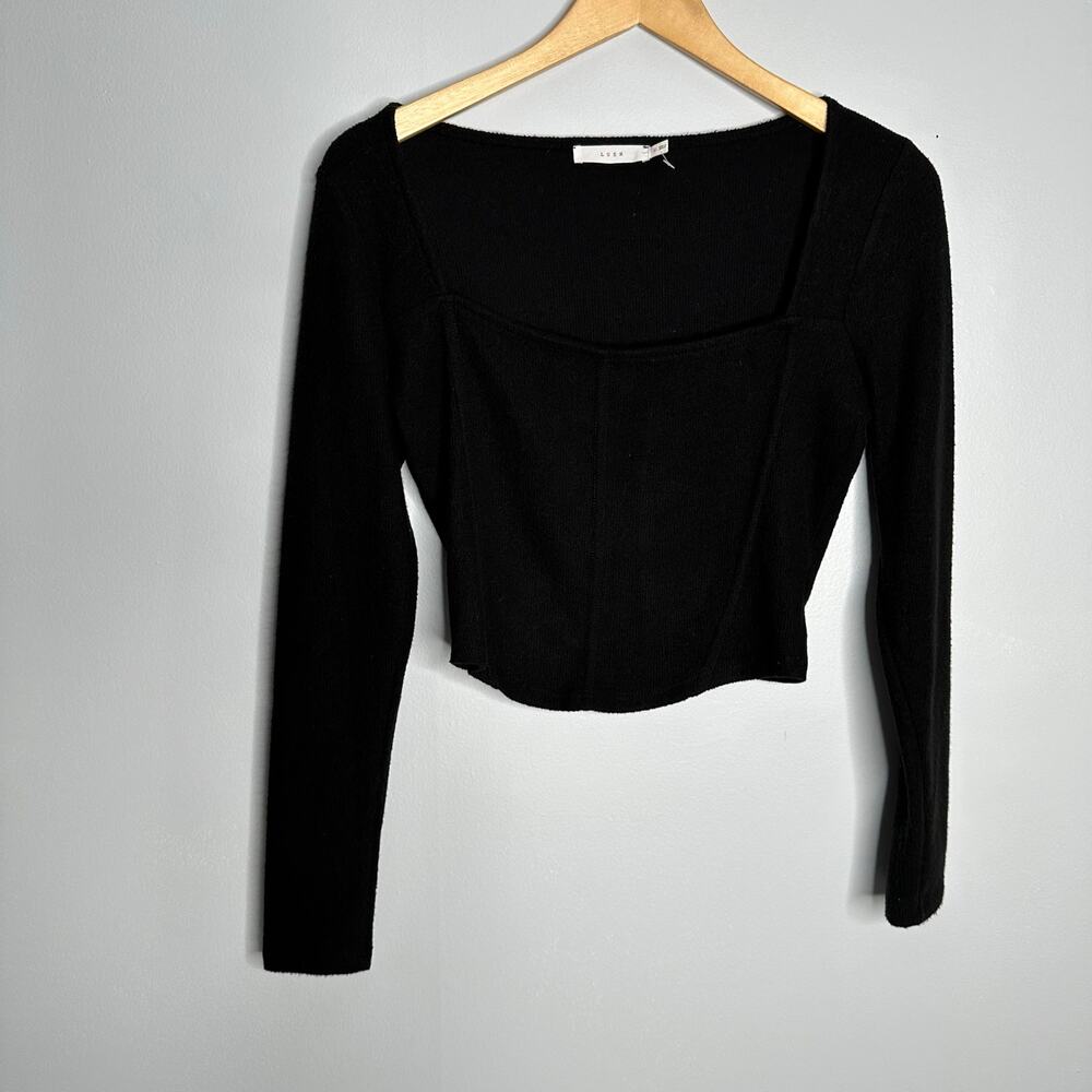 Lush Corset Ribbed Knit Top Women Size Medium Black EUC Square Neck Long Sleeve